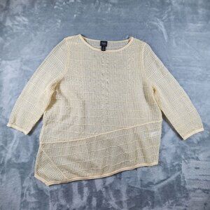 Chicos Travelers Sheer Texture Top 3 Yellow Asymmetric Woven Shimmer Resort Chic